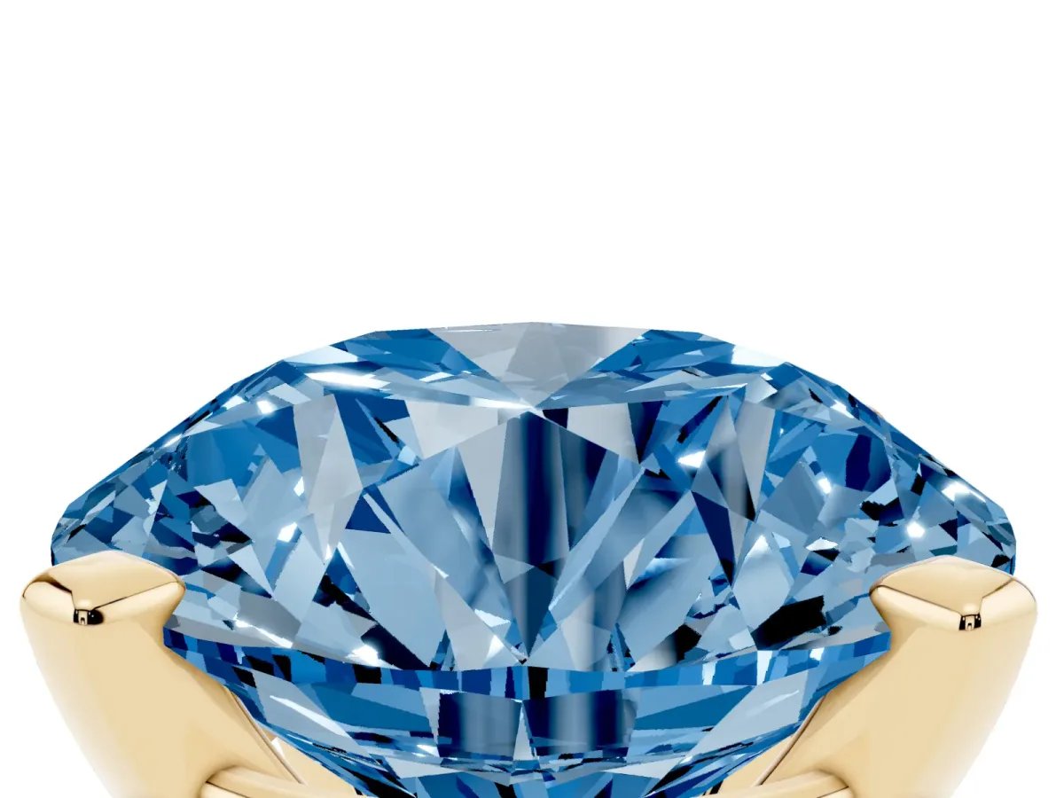 Fancy Blue Round Cut Diamond Solitaire Ring with Prong Setting and Classic Band Yellow gold