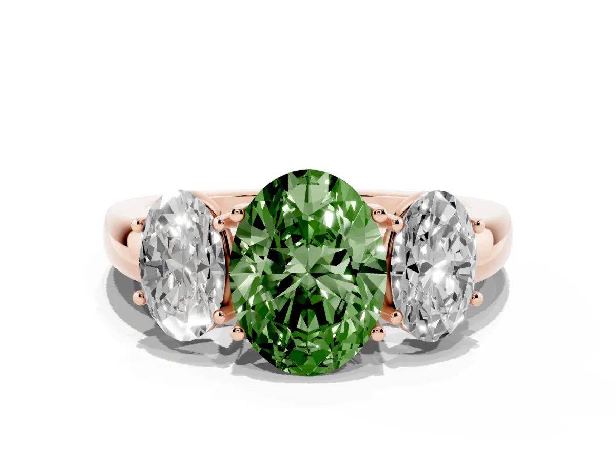 Fancy Green Oval Cut Diamond Three-Stone Ring with Four-Prong Setting and Classic Band Rose gold