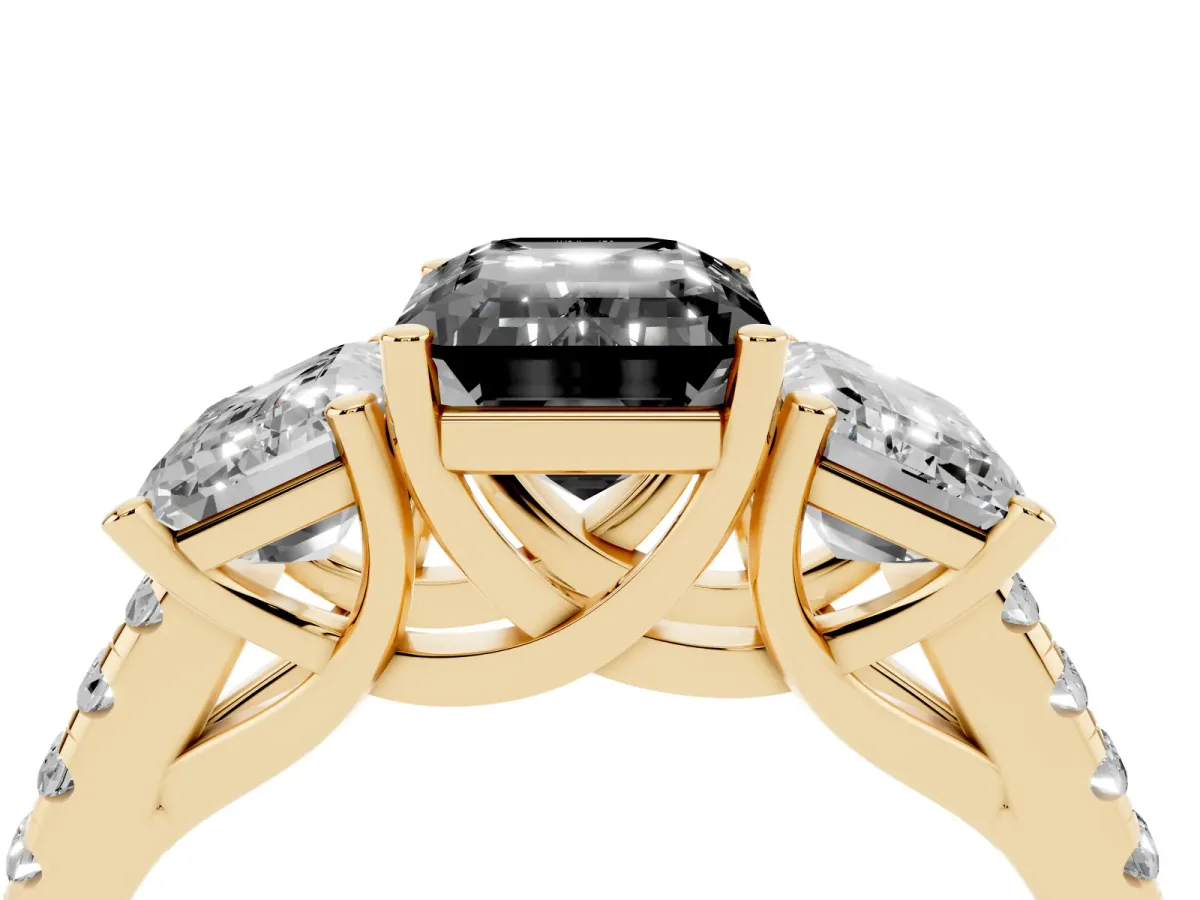 Fancy Black Three-Stone Emerald Cut Diamond Ring with Round Pavé Band and Prong Setting Yellow gold