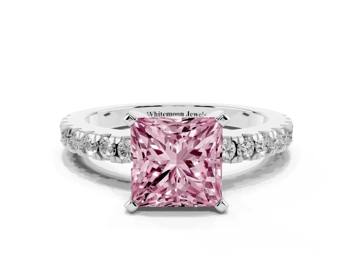 Fancy Pink Princess Cut Solitaire Diamond with Pavé Band and Four-Prong Setting Silver