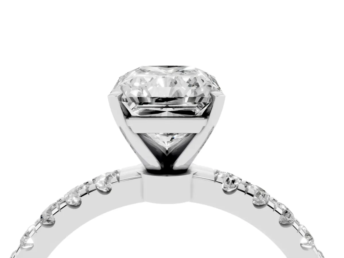 Radiant Cut Diamond Solitaire Ring with Pavé Accents and Four-Prong Setting Platinum
