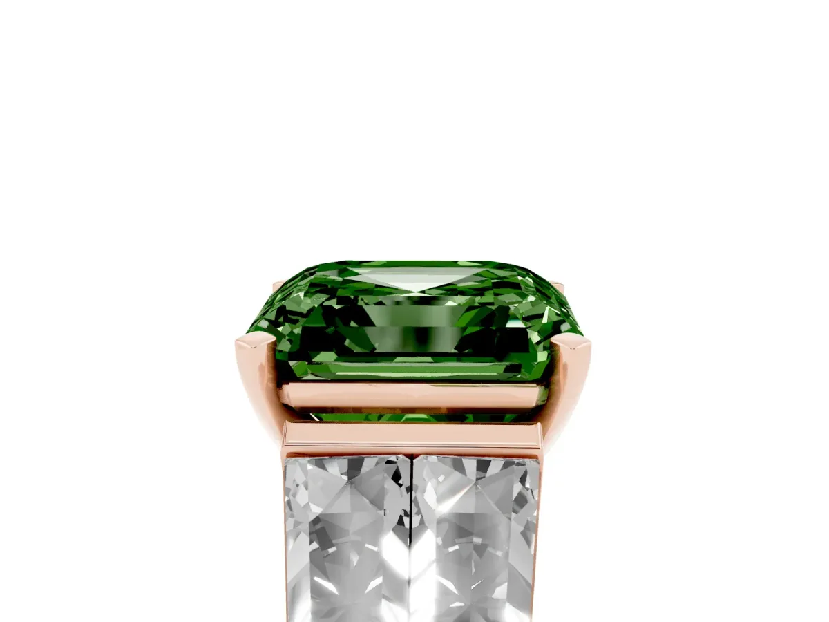 Fancy Green Asscher Cut Diamond Engagement Ring with Baguette Side Stones and Channel Set Band Rose gold