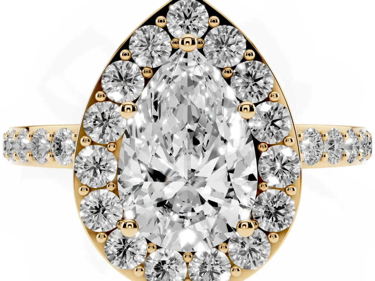 Pear Cut Halo Diamond Pavé Band Ring with Prong Setting Yellow gold