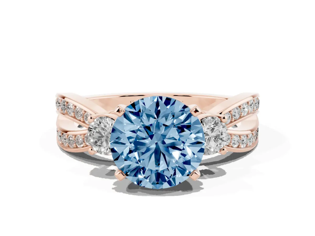 Fancy Blue Three-Stone Round Cut Cut Diamond Twist Band with Prong Setting Rose gold