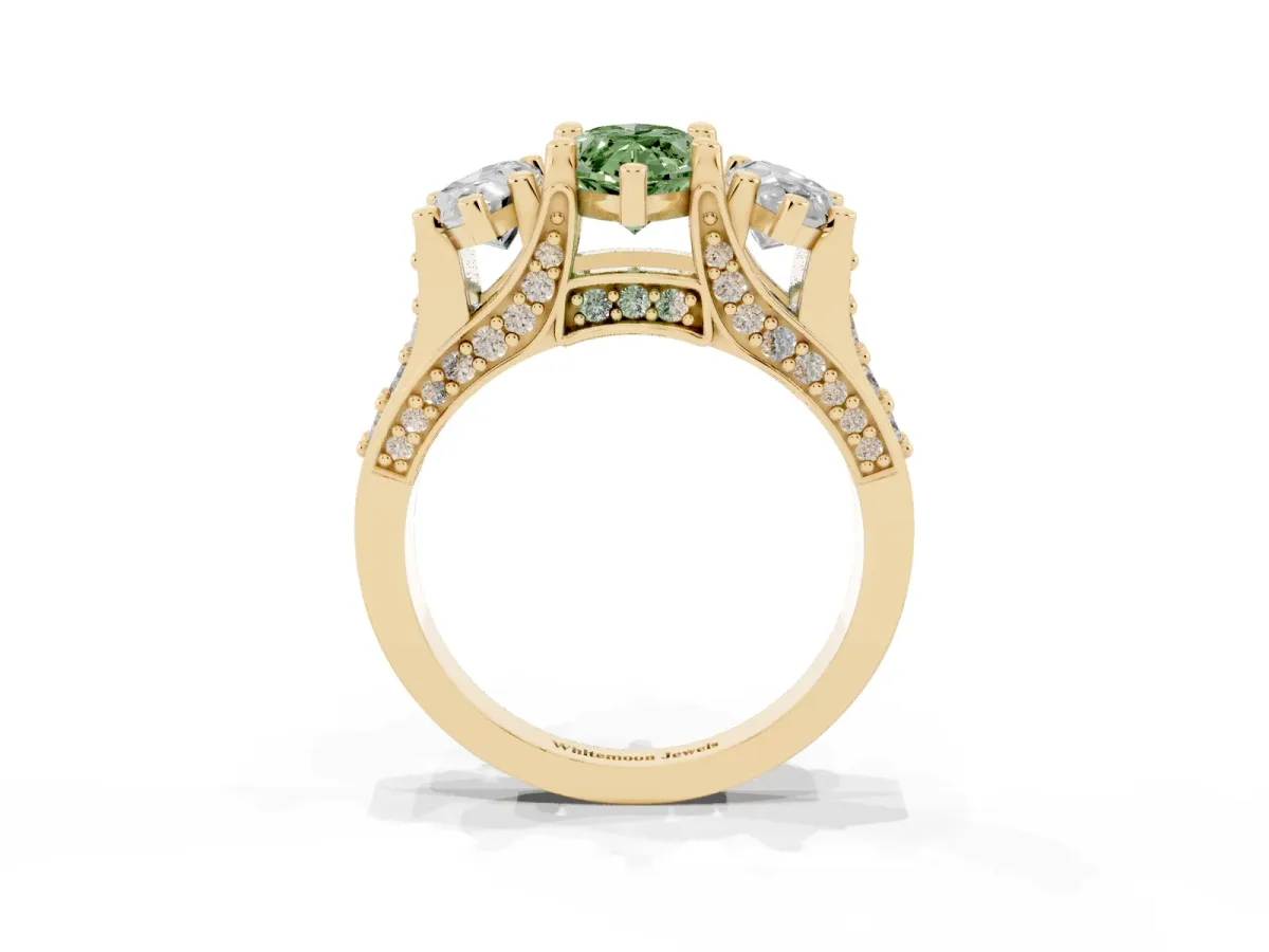 Fancy Green Marquise Cut Diamond Three-Stone Ring with Channel Set Band and Four-Prong Setting Yellow gold