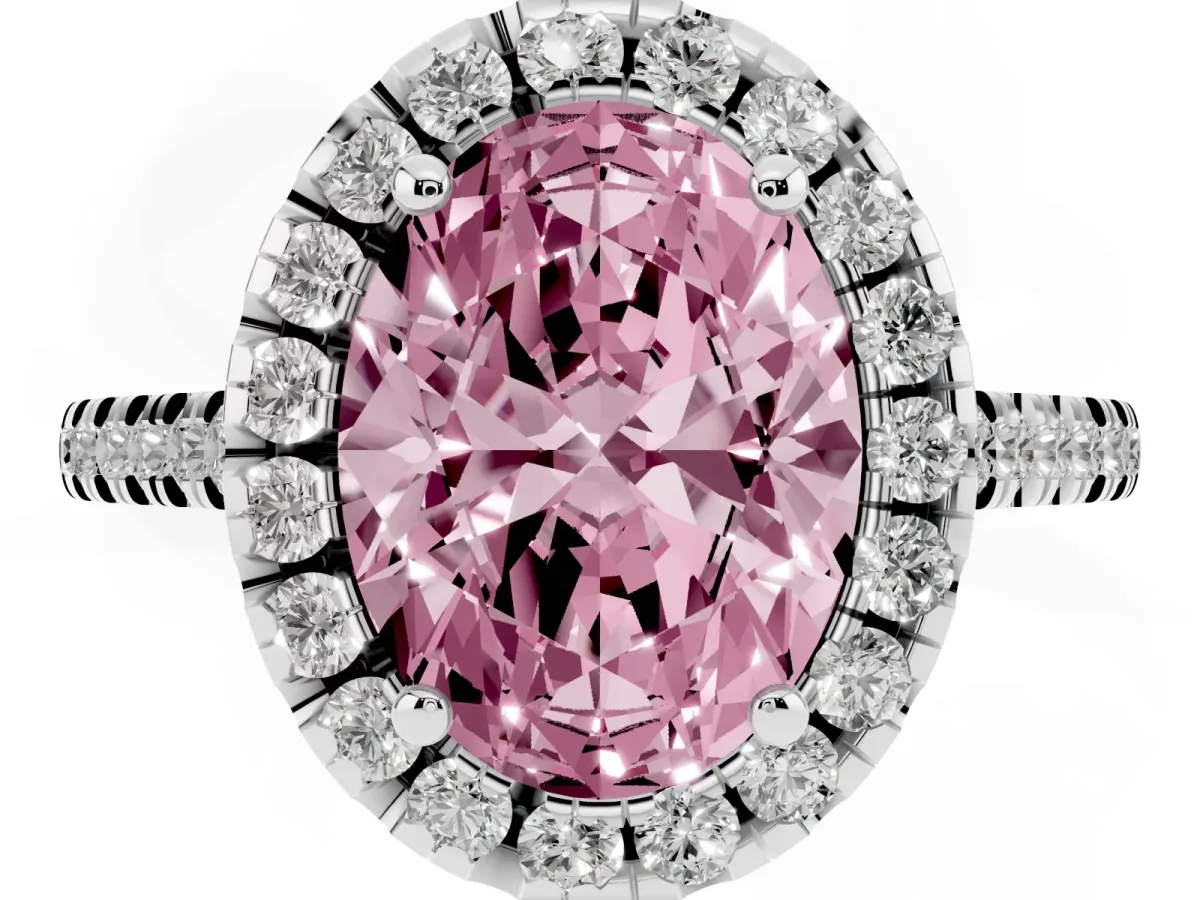Fancy Pink Oval Cut Diamond Cushion Halo Ring with Pavé Band Platinum