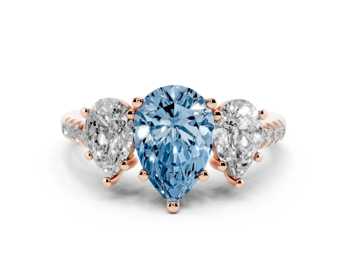 Fancy Blue Three-Stone Pear Cut Diamond Ring with Round Pavé Band and Prong Setting Rose gold