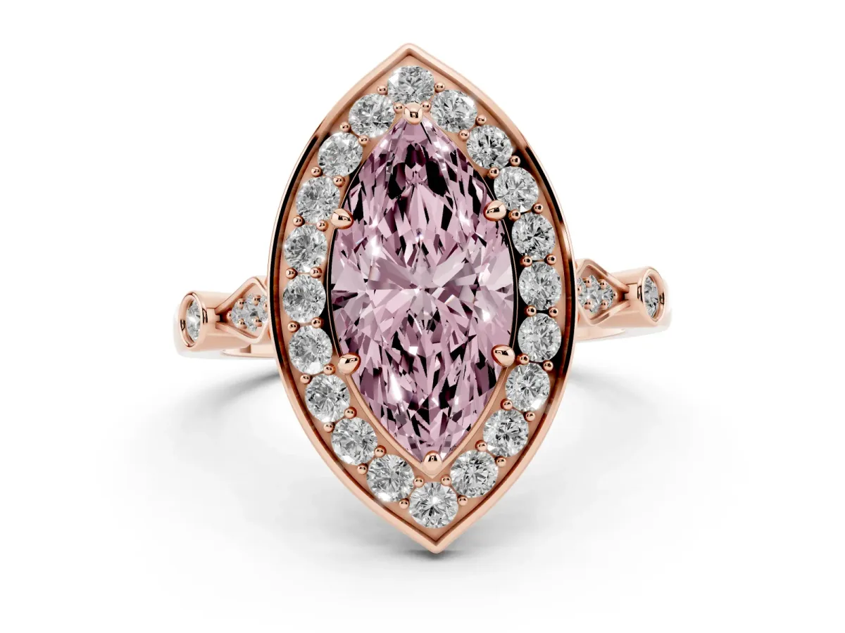 Fancy Pink Marquise Cut Halo Diamond Engagement Ring with Twisted Band and Four-Prong Setting Rose gold