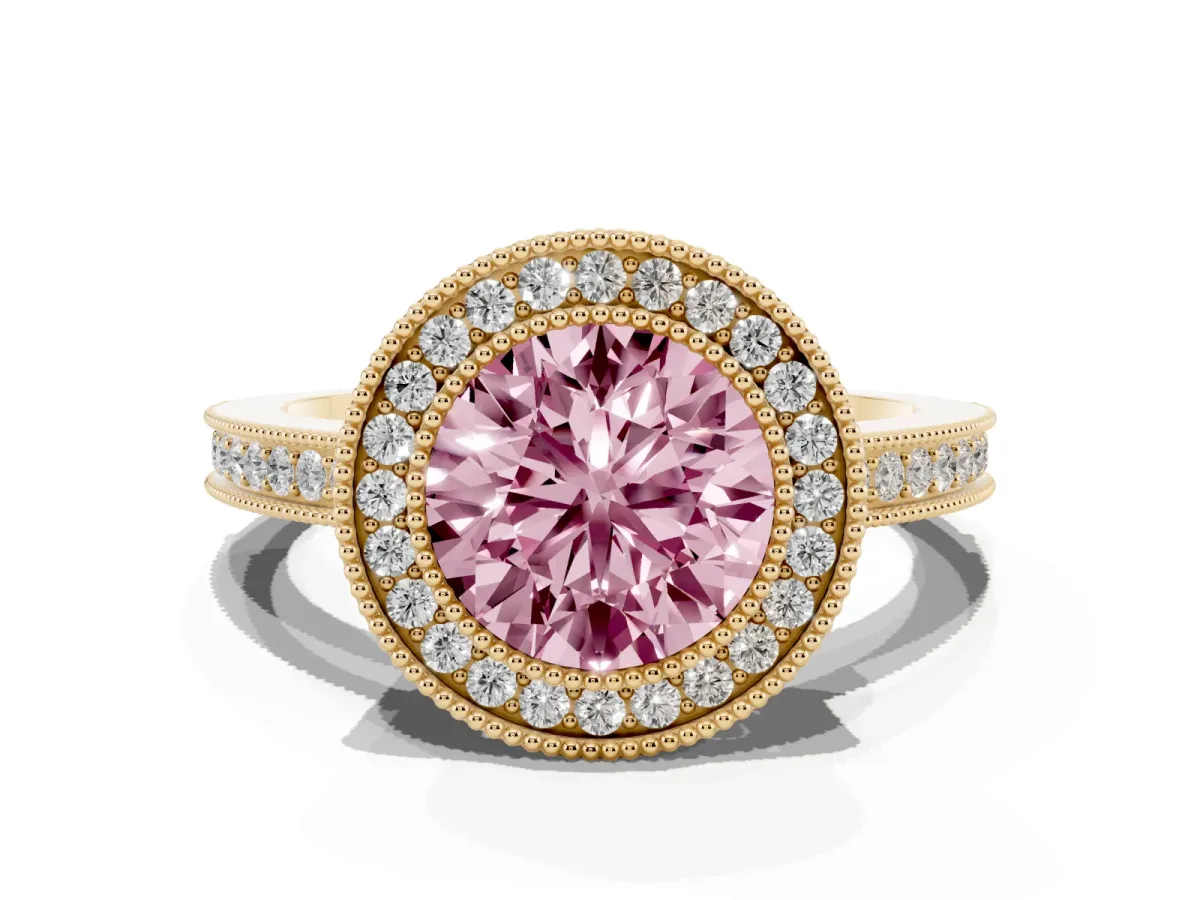 Fancy Pink Round Cut Cut Halo Diamond Ring with Pavé Band and Milgrain Prong Setting Yellow gold