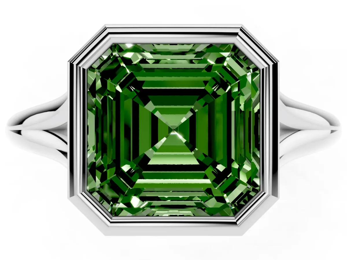 Fancy Green Bezel Set Asscher Cut Cut Solitaire Ring with Tapered Band Silver