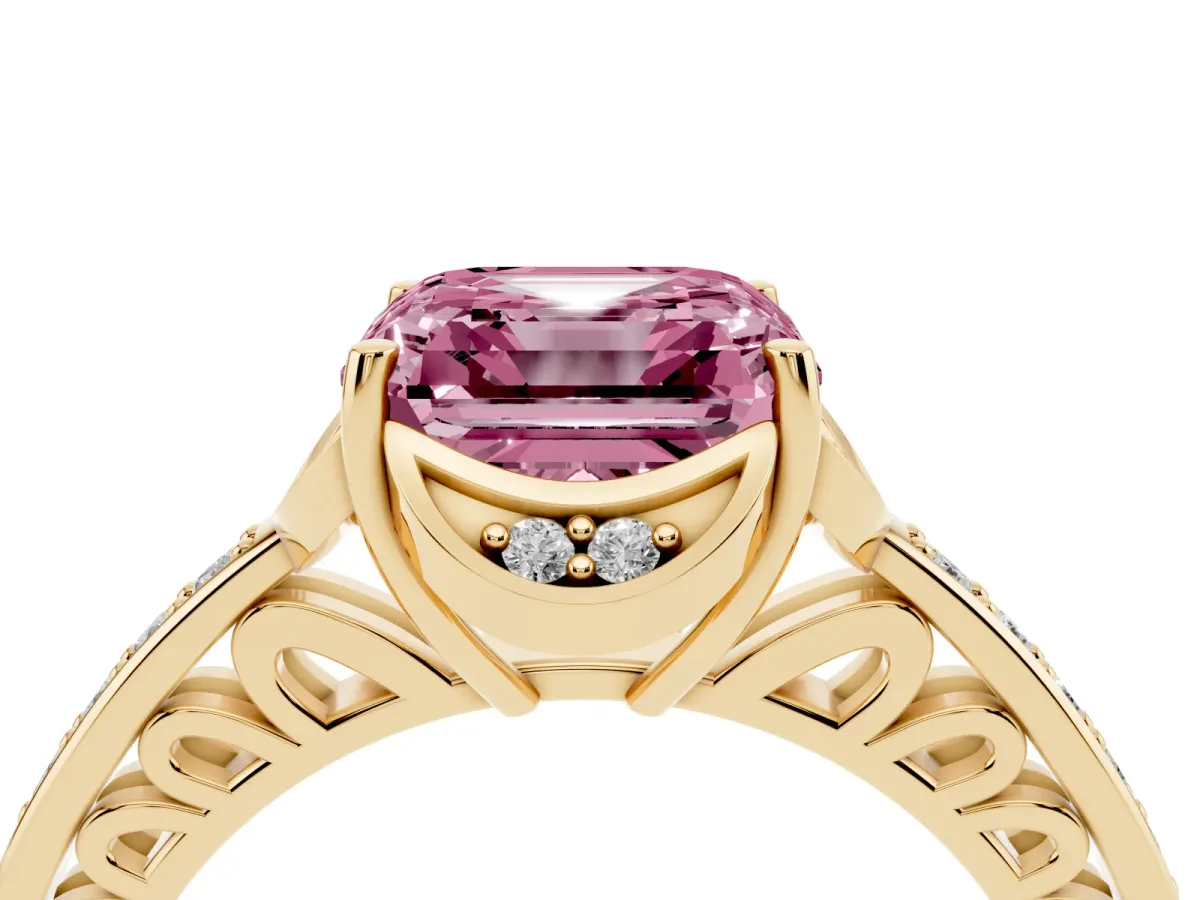 Fancy Pink Asscher Cut Cut Halo Diamond Ring with Channel Set Band and Four-Prong Setting Yellow gold