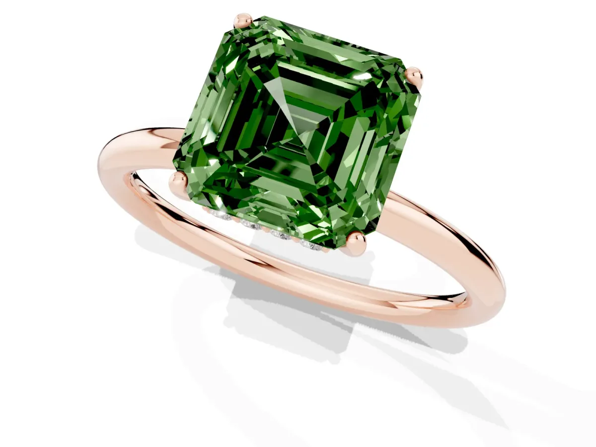 Fancy Green Asscher Cut Solitaire Diamond Ring with a Classic Band and Four-Prong Setting Rose gold