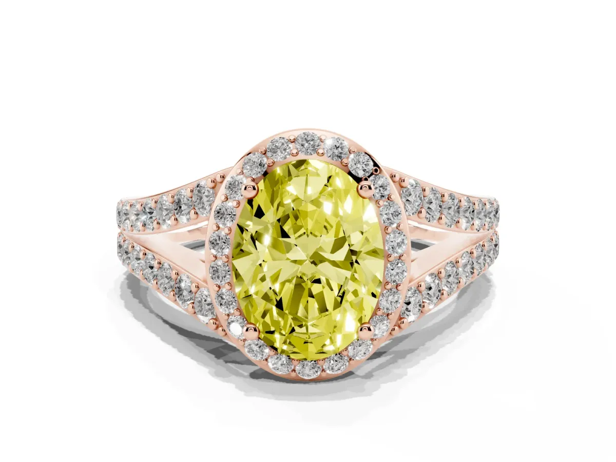 Fancy Yellow Oval Cut Diamond Split Shank Halo Ring with Four-Prong Setting Rose gold