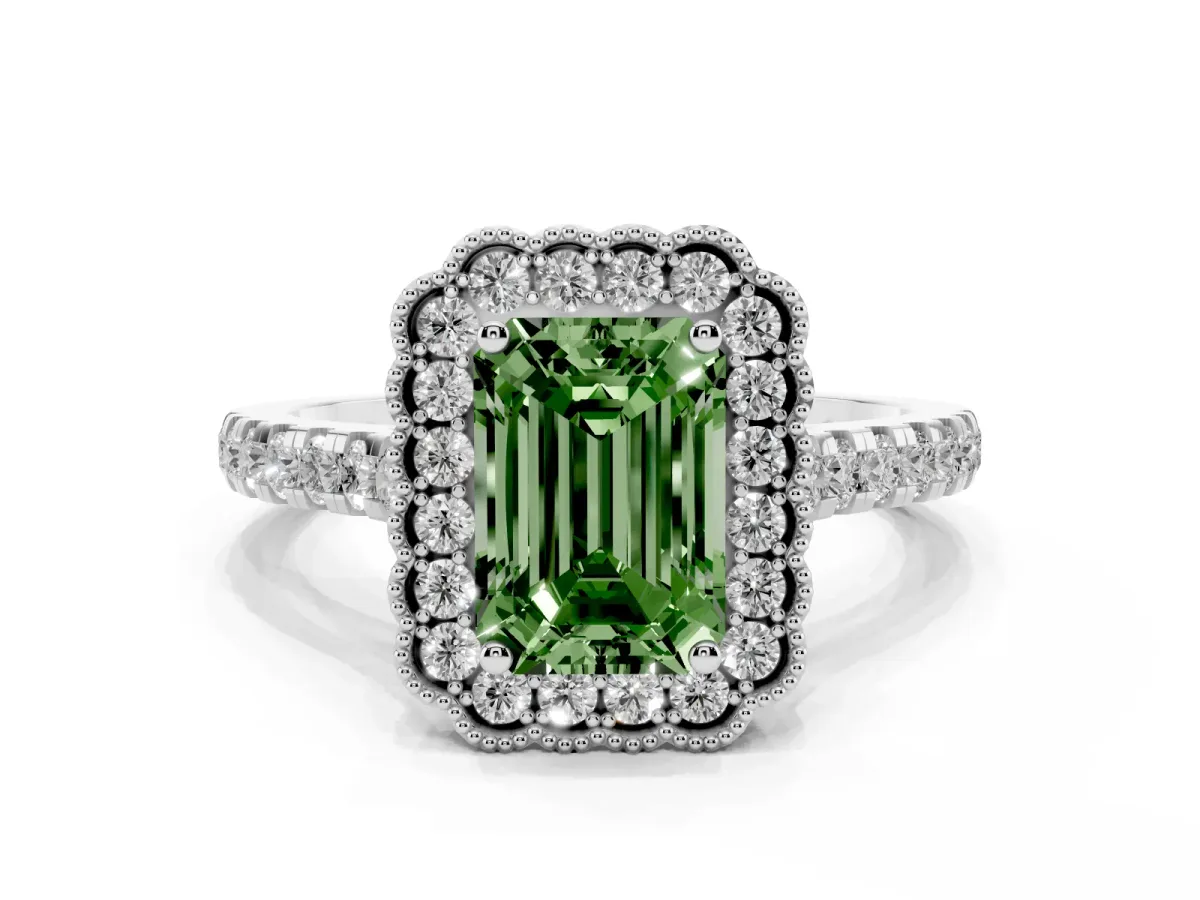 Fancy Green Emerald Cut Cut Diamond Milgrain Floral Halo Engagement Ring with Pavé Band Platinum