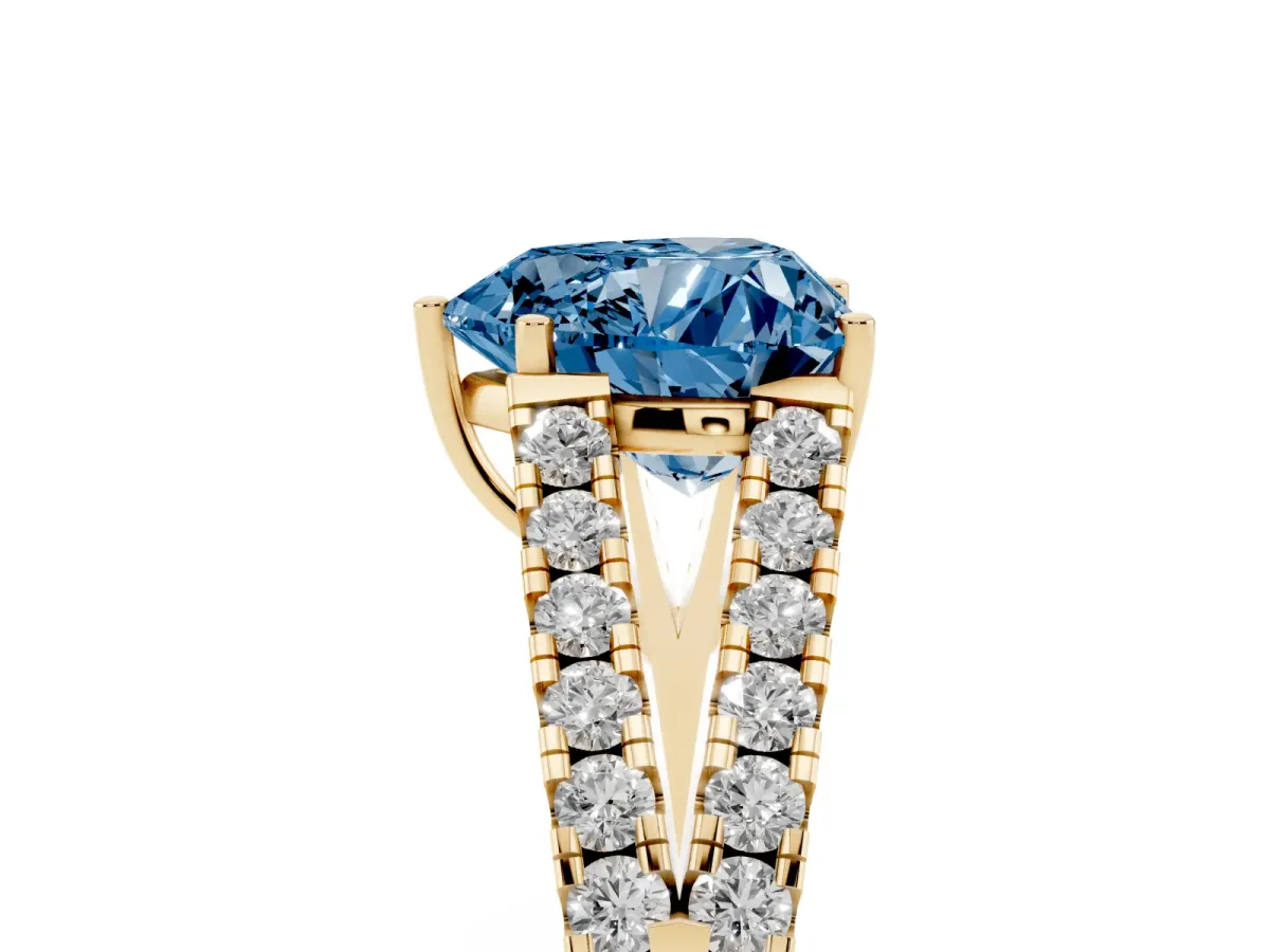 Fancy Blue Heart Cut Diamond Split Shank Pavé Engagement Ring with Four-Prong Setting Yellow gold