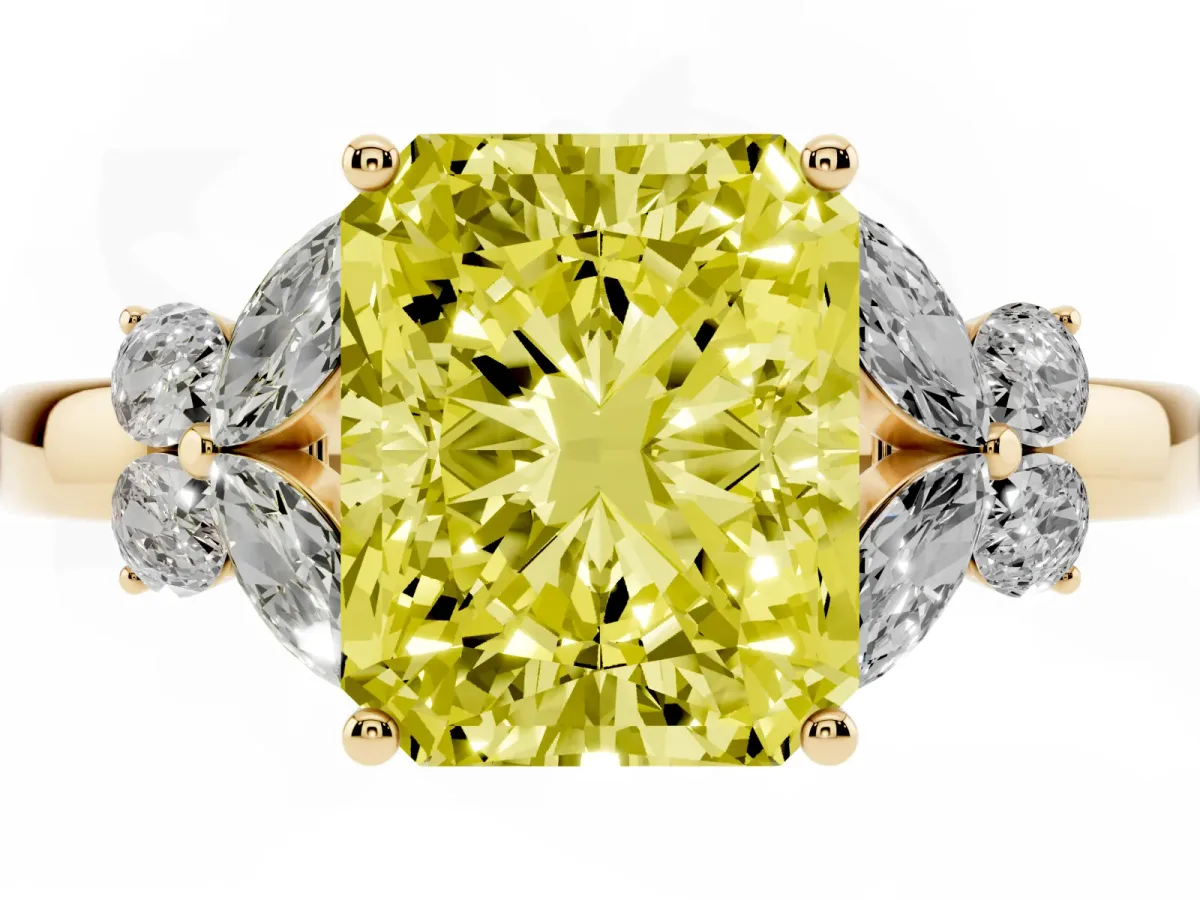 Fancy Yellow Radiant Cut Cut Solitaire Floral Diamond Ring with Four-Prong Setting Yellow gold