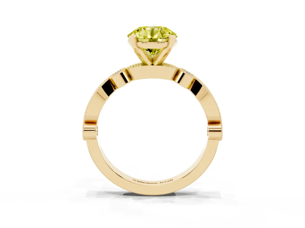 Fancy Yellow Round Cut Milgrain Bezel Diamond Engagement Ring with Solitaire Prong Setting Yellow gold