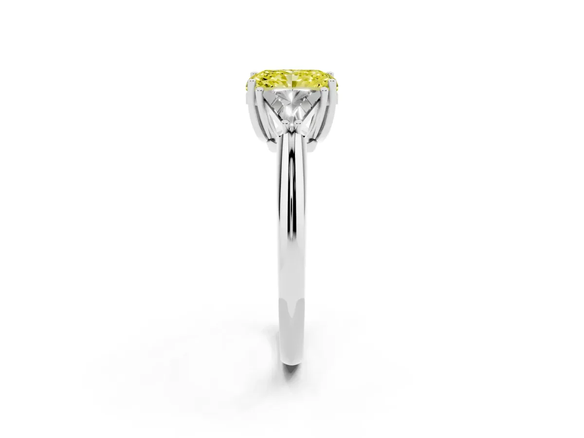 Fancy Yellow Three-Stone Radiant Cut Diamond Engagement Ring with Trillion Side Stones and Prong Setting White gold