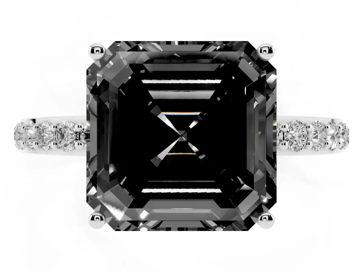 Fancy Black Asscher Cut Diamond Solitaire Ring with Pavé Band and Hidden Halo Silver