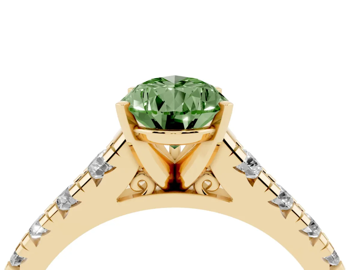 Fancy Green Pear Cut Diamond Cathedral Solitaire Ring with Round Pavé Band Yellow gold