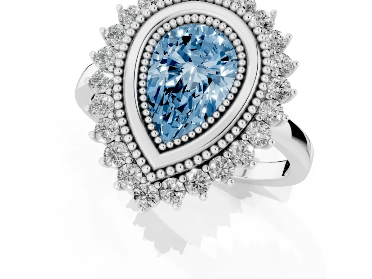 Fancy Blue Pear Cut Halo Diamond Ring with Milgrain Edge and Round Prong Setting Silver