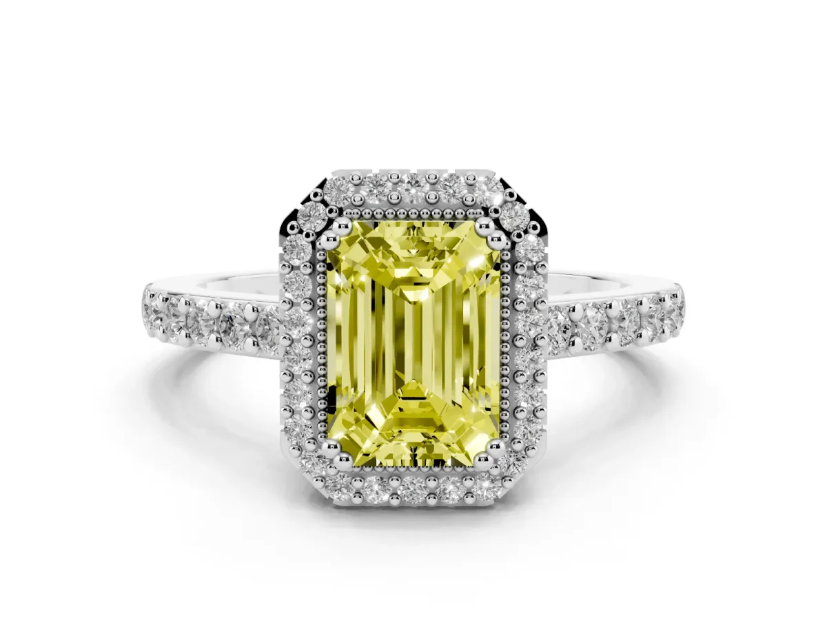 Fancy Yellow Emerald Cut Cut Diamond Halo Engagement Ring with Milgrain Detail and Pavé Band Silver