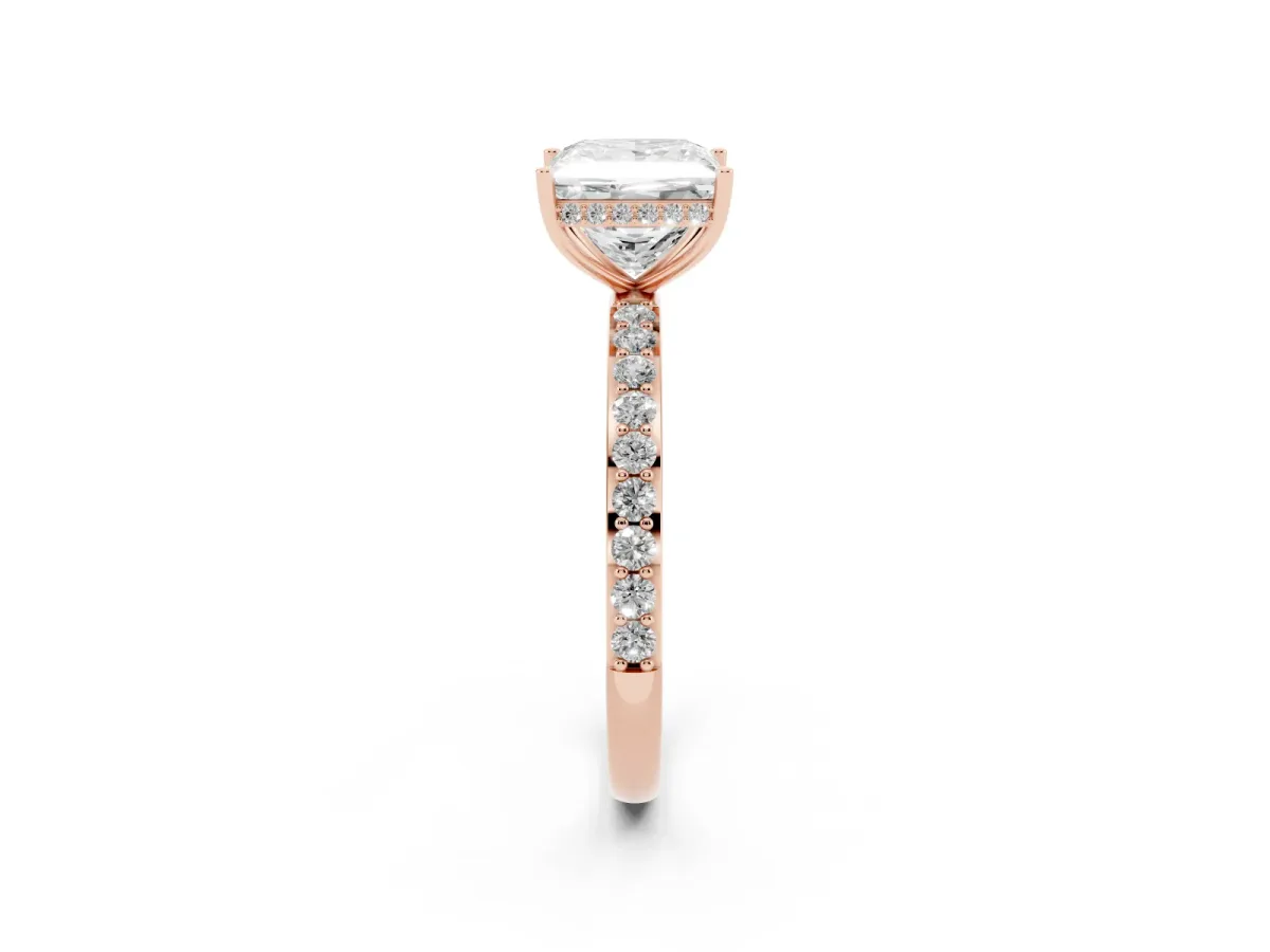 Princess Cut Diamond Solitaire Ring with Pavé Band and Hidden Halo Rose gold