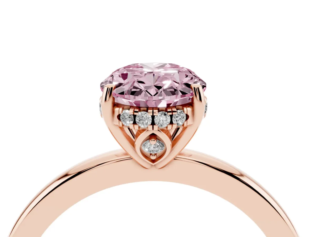 Fancy Pink Oval Cut Solitaire Diamond Ring with Prong Setting and Plain Band Rose gold
