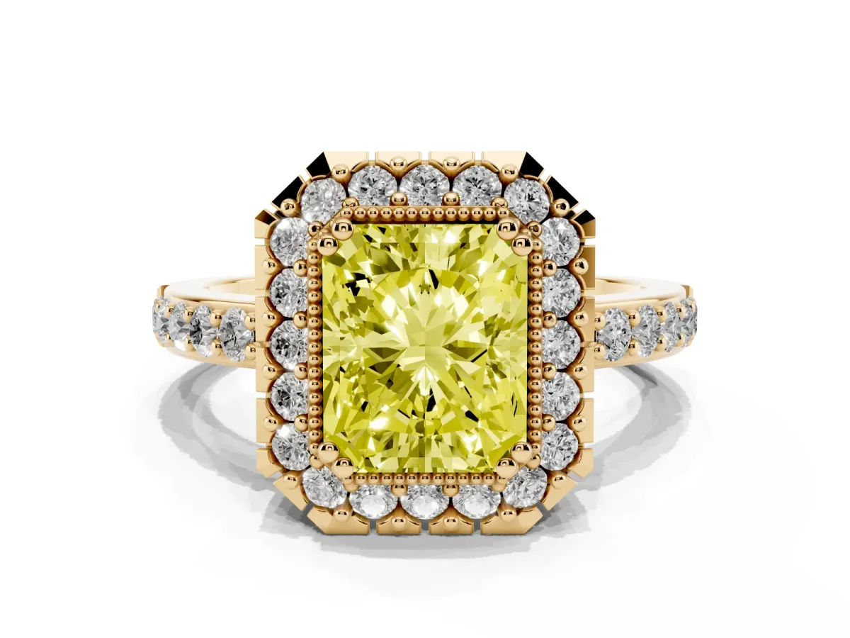 Fancy Yellow Radiant Cut Diamond Halo Ring with Pavé Band and Prong Setting Yellow gold