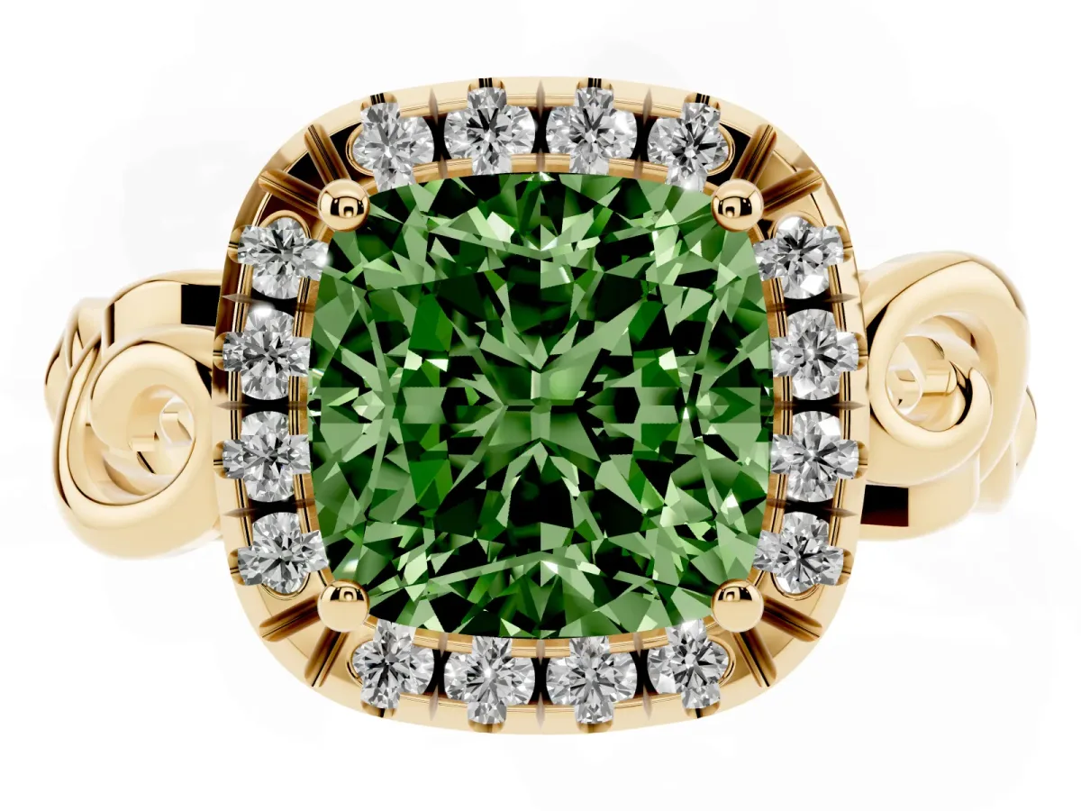 Fancy Green Cushion Cut Cut Halo Diamond Ring with Scrollwork Band and Four-Prong Setting Yellow gold
