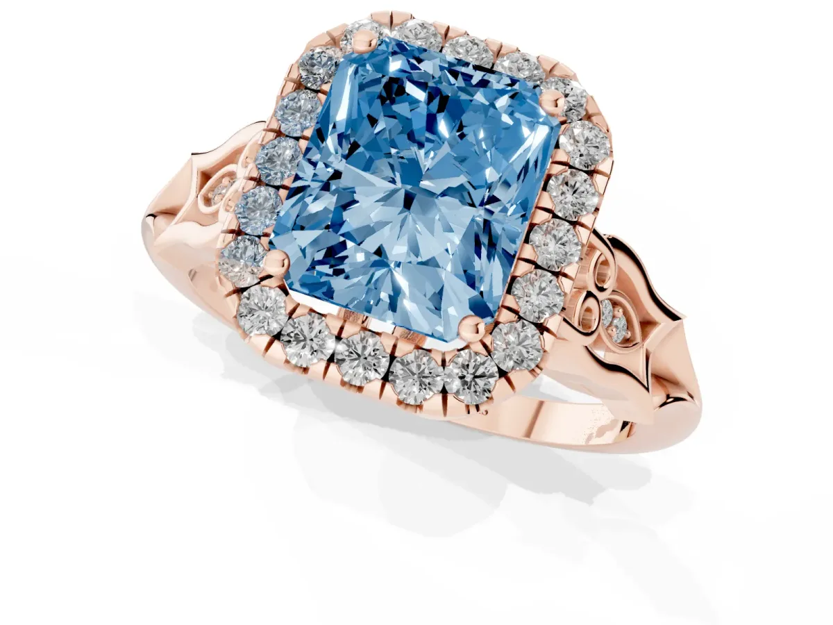 Fancy Blue Radiant Cut Halo Diamond Engagement Ring with Filigree Band and Four-Prong Setting Rose gold