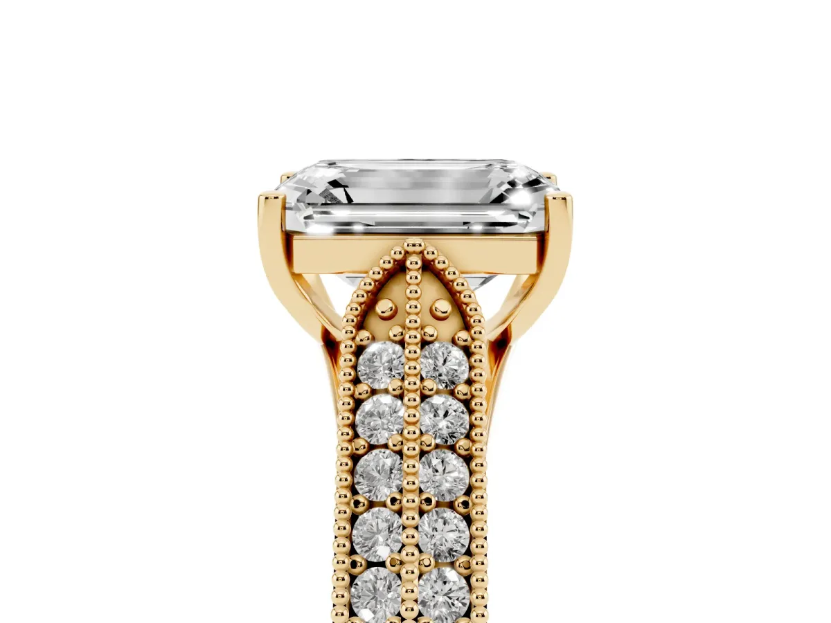 Emerald Cut Cut Pave Split Shank Engagement Ring with Four-Prong Setting Yellow gold