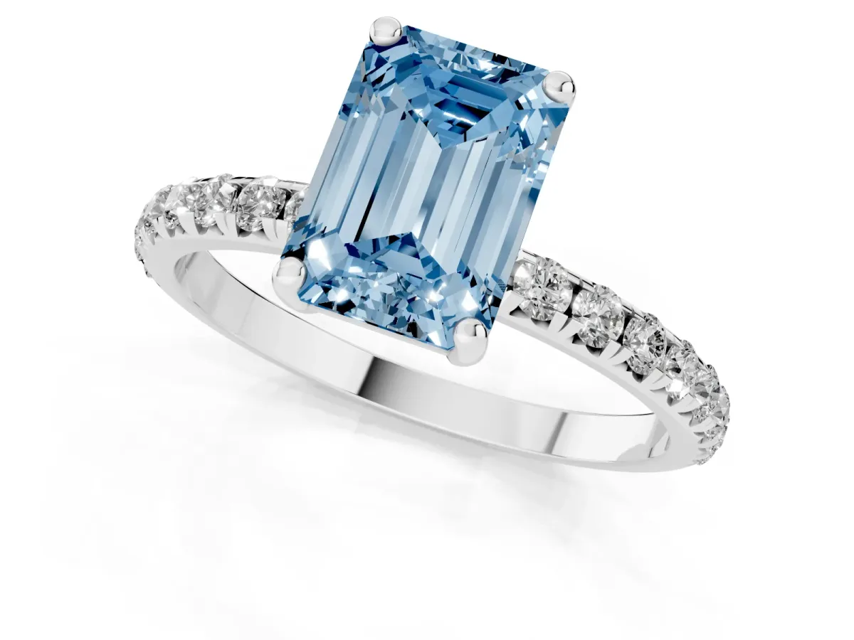 Fancy Blue Emerald Cut Cut Diamond Solitaire Ring with Micro Pave Band and Four Prong Setting Silver