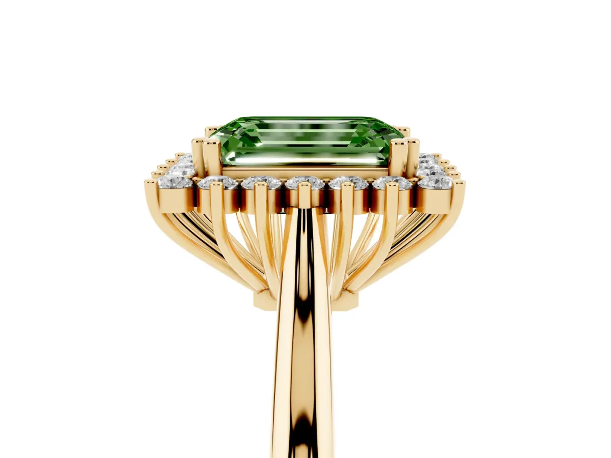 Fancy Green Emerald Cut Cut Diamond Halo Ring with Solitaire Band and Prong Setting Yellow gold