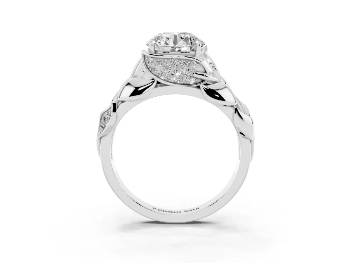Round Cut Diamond Leaf-Inspired Engagement Ring with Round Accents and Prong Setting Silver