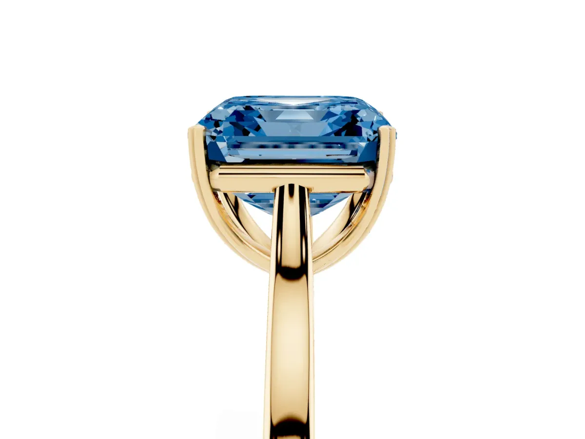Fancy Blue Asscher Cut Solitaire Heart Prong Engagement Ring with Tapered Band Yellow gold