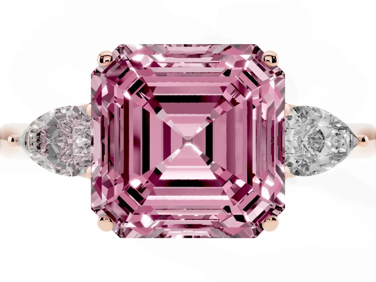 Fancy Pink Three-Stone Asscher Cut Diamond Ring with Pear Side Stones in Four-Prong Setting Rose gold