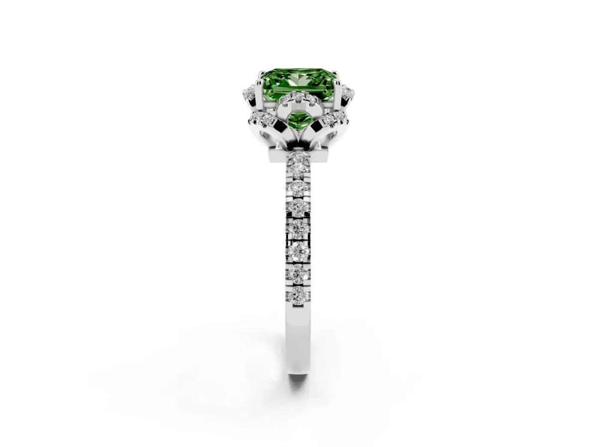 Fancy Green Princess Cut Halo Diamond Pave Band Ring with Four-Prong Setting Silver