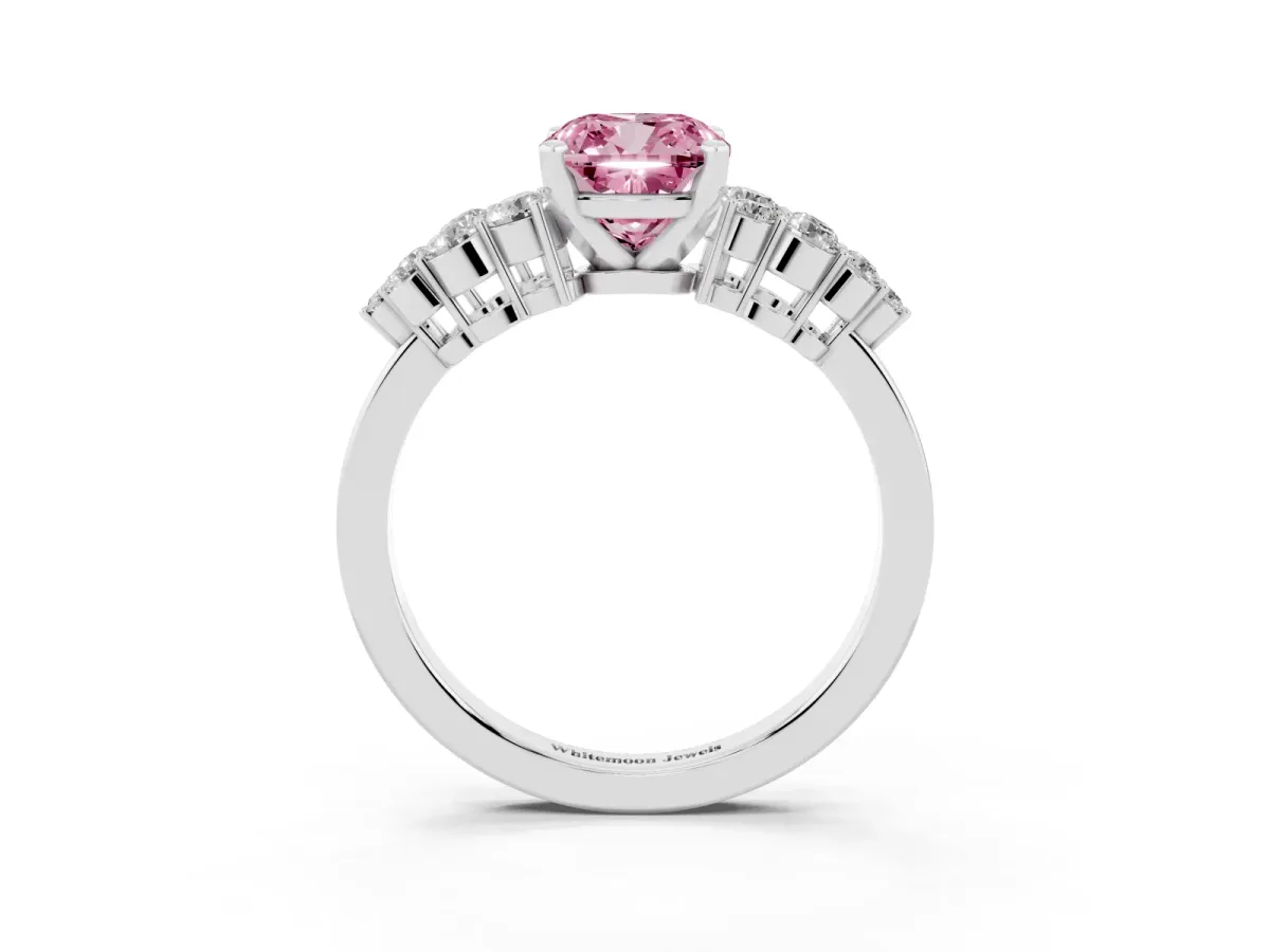 Fancy Pink Cushion Cut Cluster Diamond Engagement Ring with Pavé Band and Four-Prong Setting Platinum