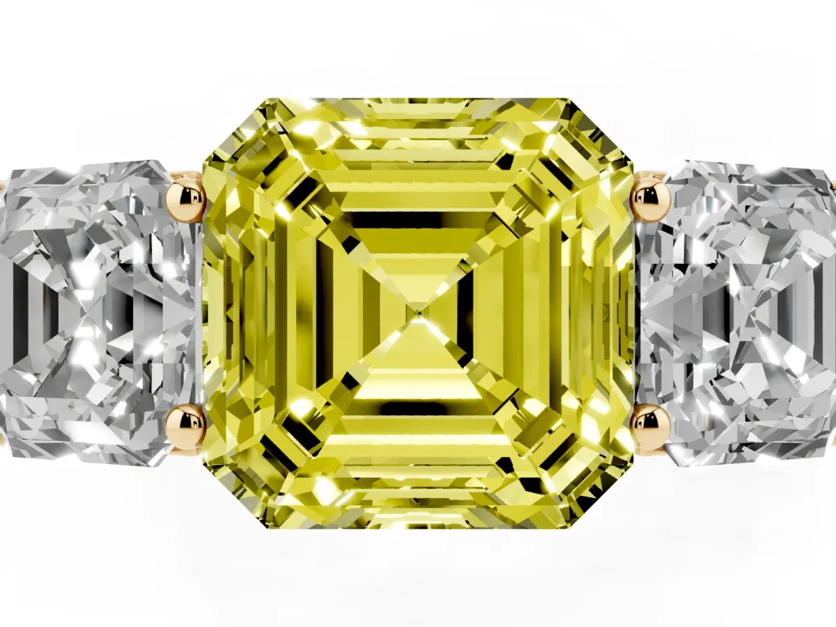 Fancy Yellow Asscher Cut Three-Stone Diamond Ring with Prong Setting on a Classic Band Yellow gold