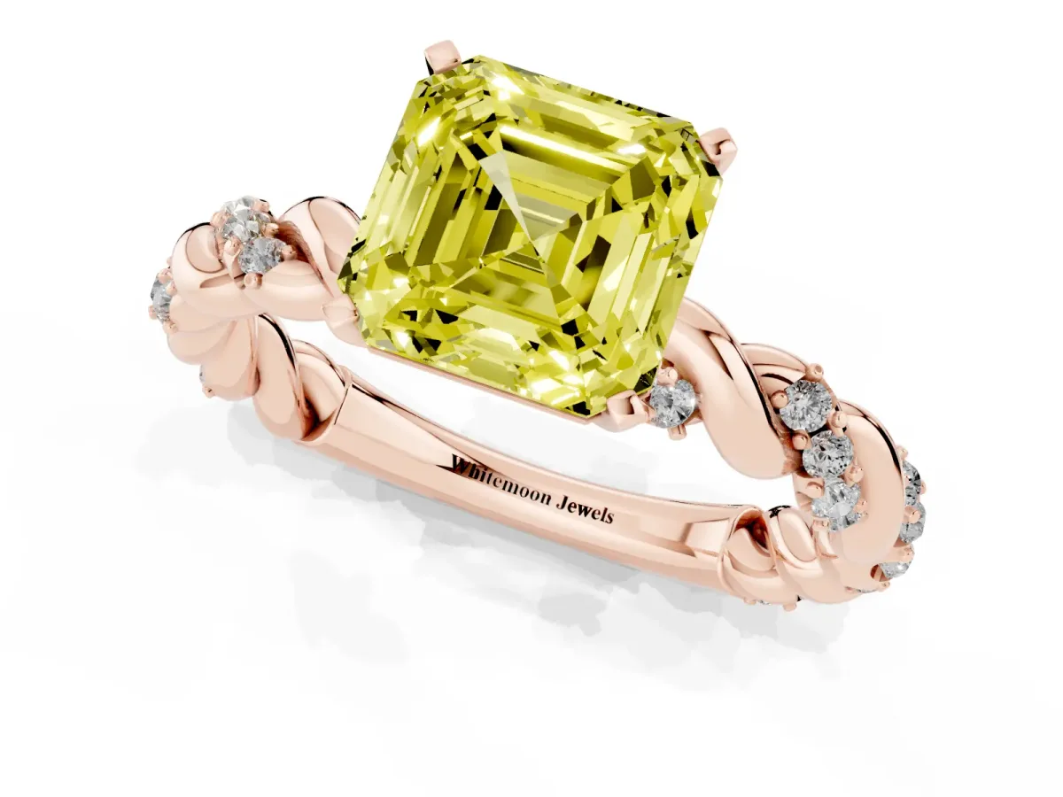 Fancy Yellow Asscher Cut Diamond Solitaire Ring with Twisted Band and Pavé Accents Rose gold