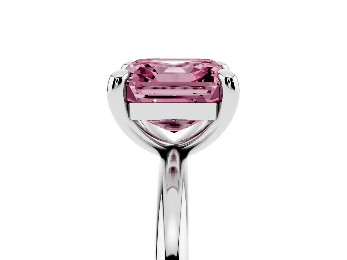 Fancy Pink Asscher Cut Solitaire Diamond Ring with Four-Prong Setting on a Plain Band Silver