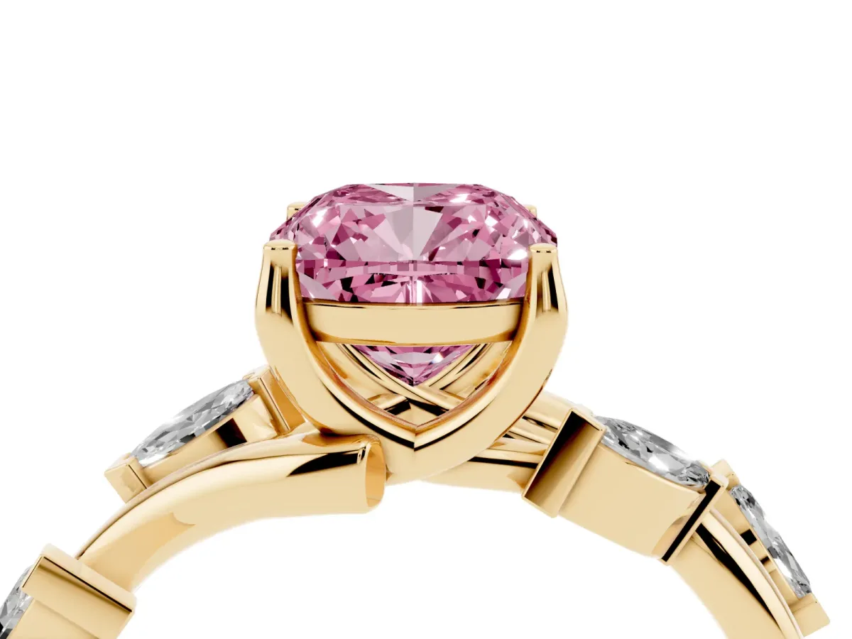 Fancy Pink Cushion Cut Solitaire Twisted Band Marquise Accent Prong Setting Ring Yellow gold