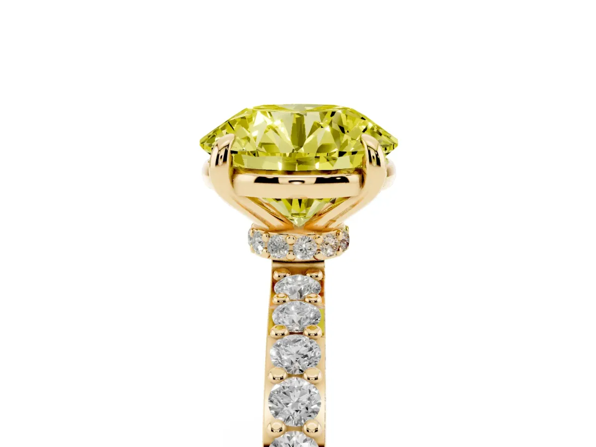Fancy Yellow Round Cut Diamond Pavé Engagement Ring with Round Accents and Prong Setting Yellow gold