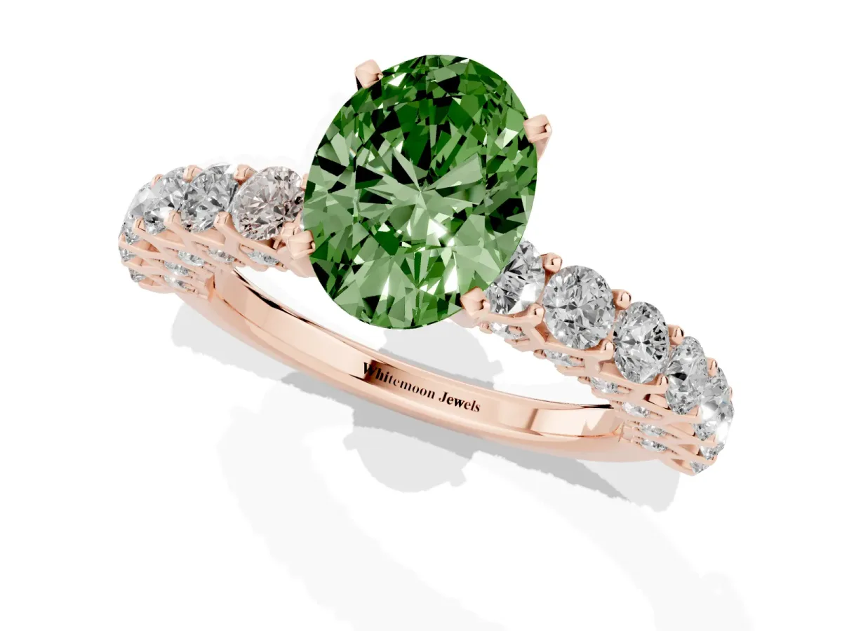 Fancy Green Oval Cut Diamond Solitaire Ring with Shared Prong Pavé Band and Four-Prong Setting Rose gold