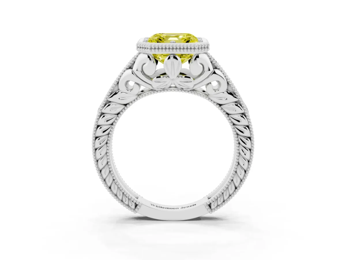 Fancy Yellow Bezel Set Asscher Cut Diamond Milgrain Pave Engagement Ring Platinum