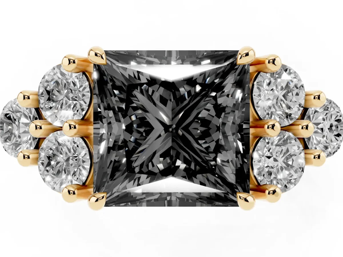 Fancy Black Princess Cut Brilliant Diamond Cluster Accent Solitaire Ring with Prong Setting Yellow gold