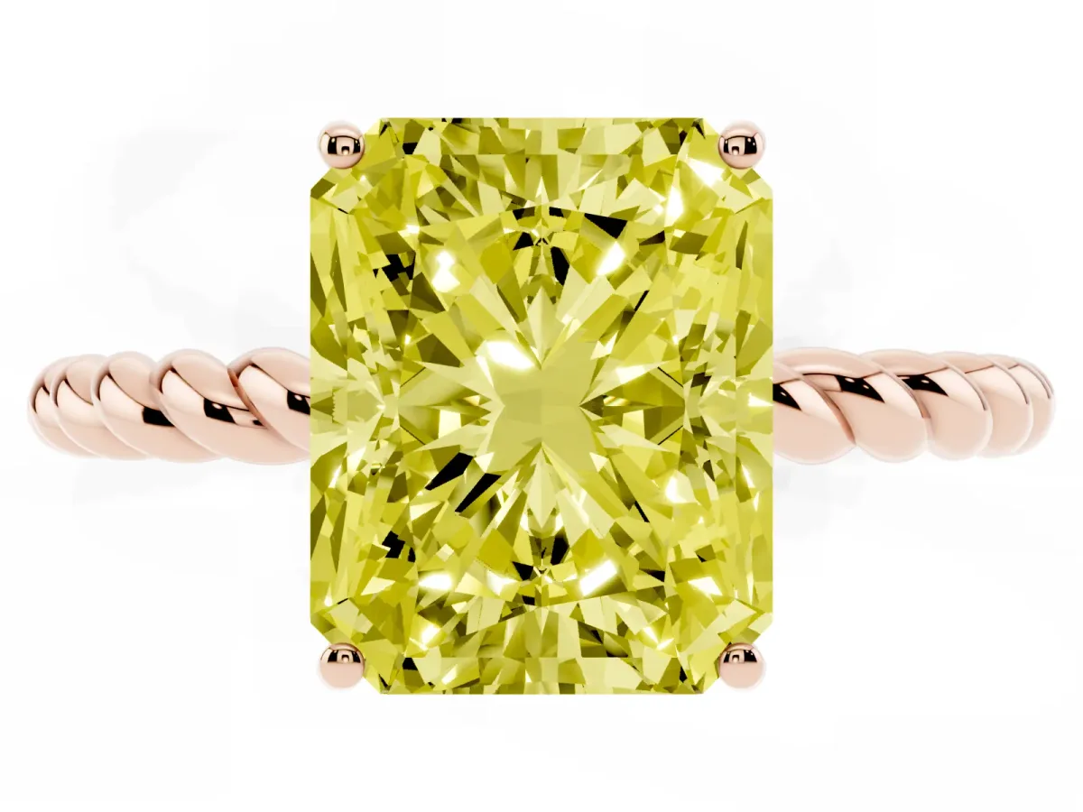 Fancy Yellow Radiant Cut Solitaire Twist Band Ring with Four-Prong Setting Rose gold