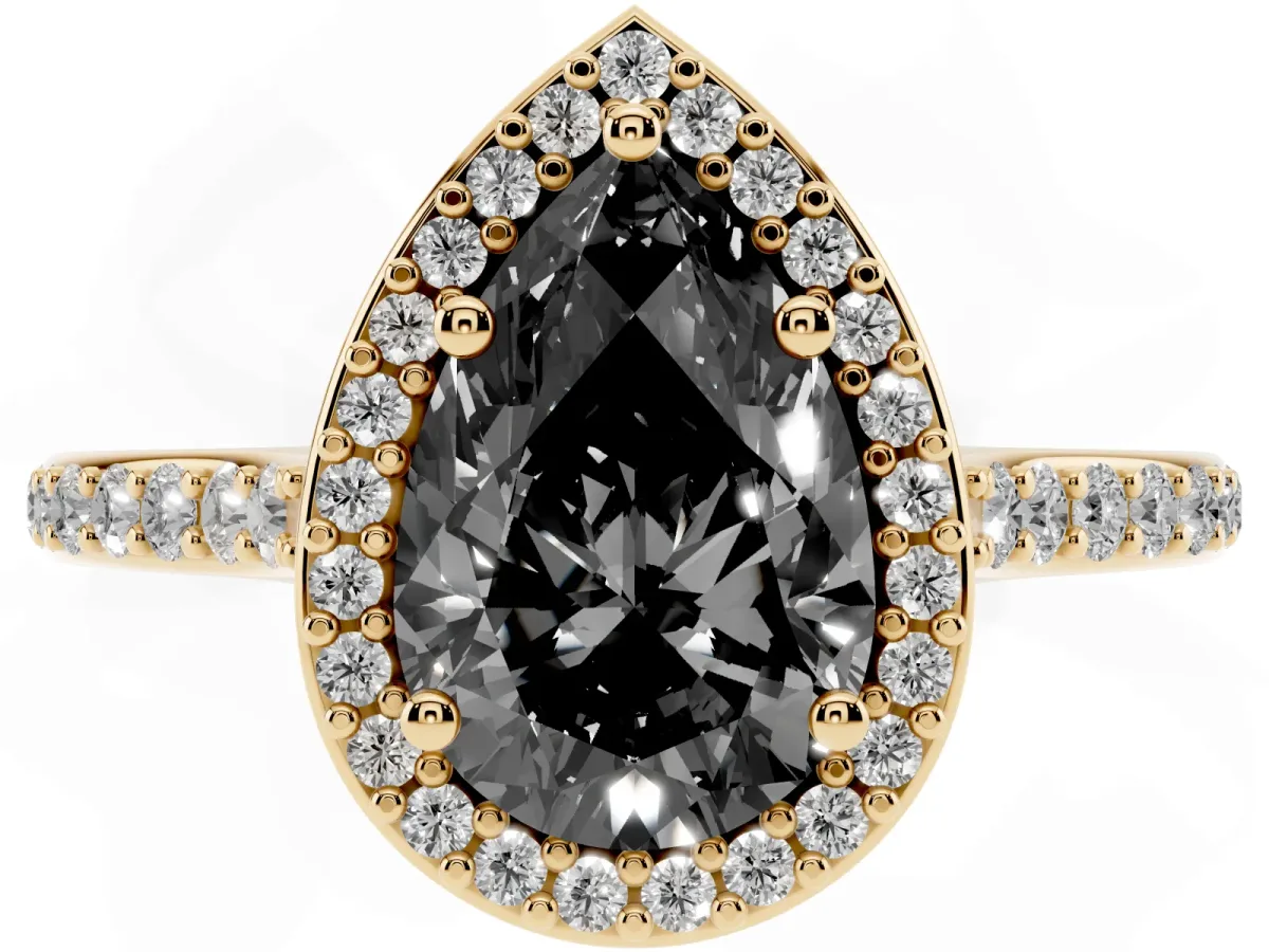 Fancy Black Pear Cut Diamond Halo Engagement Ring with Round Pavé Shoulders and Prong Setting Yellow gold