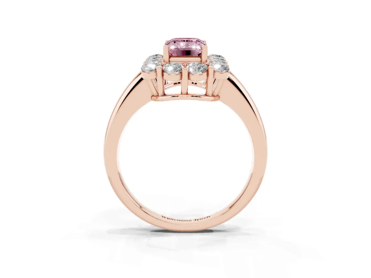 Fancy Pink Emerald Cut Halo Cluster Diamond Engagement Ring with Prong Setting and Polished Band Rose gold